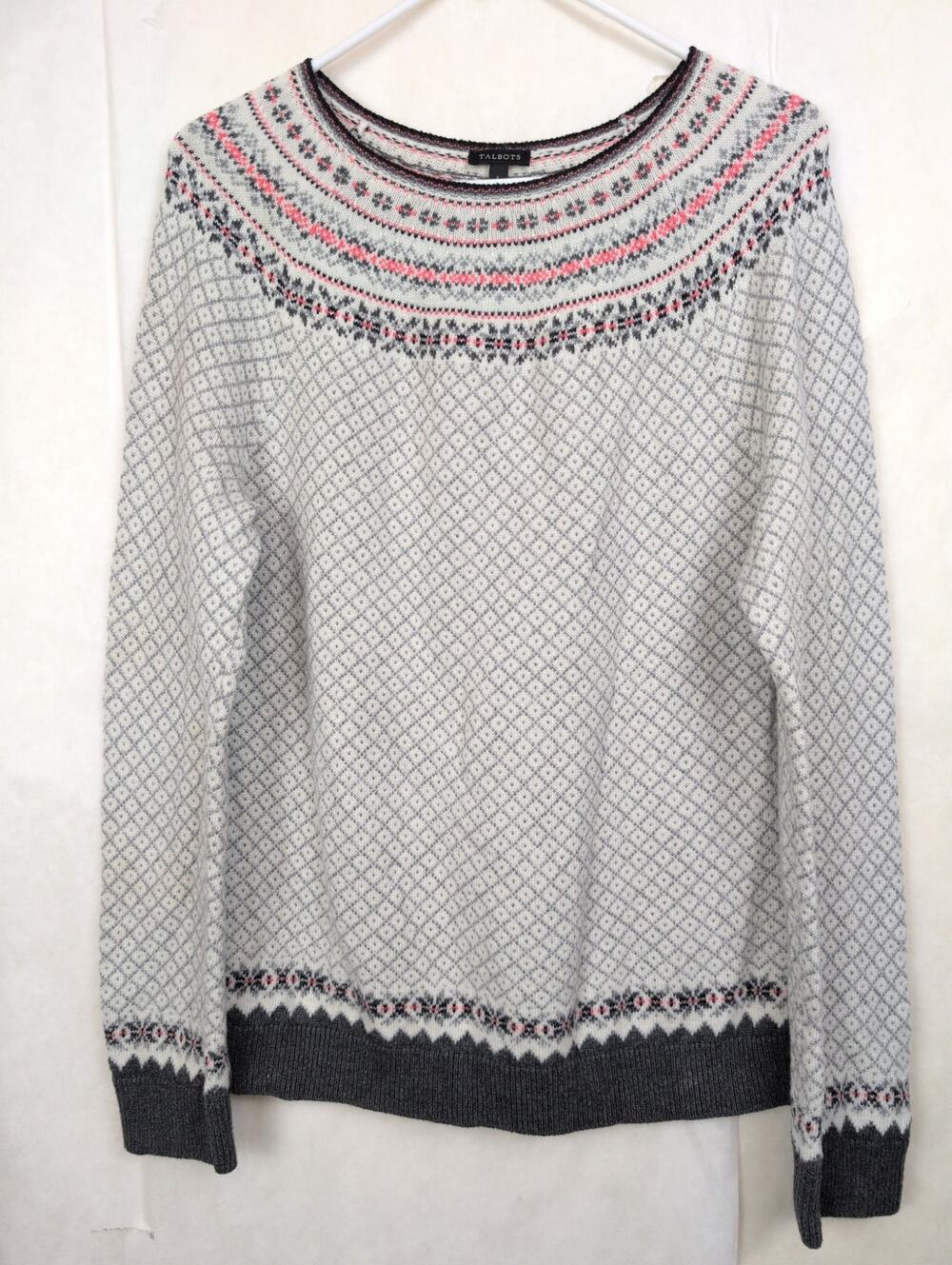 Talbots fair isle floral sweater wool Size L gray Grandmacore Cottage Cabin